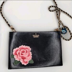 Kate Spade Black‎ Crossbody Bag with Embroidered Pink Rose